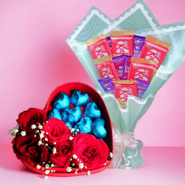 Chocolates Bouquet With Gourmet & Roses In Box Combo - Flowers to Nepal - FTN