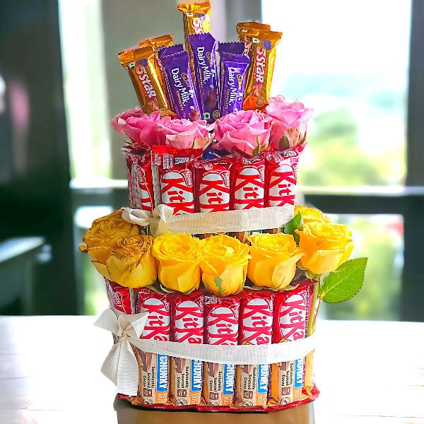Chocolates Tower With Roses Bouquet Hamper - Flowers to Nepal - FTN