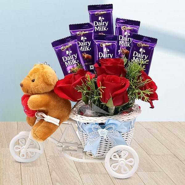 Chocolates With Cute Teddy & Red Roses Rickshaw - Flowers to Nepal - FTN
