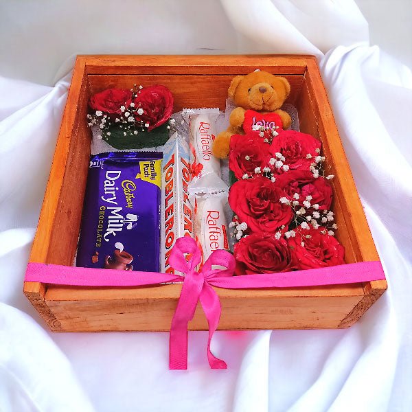 Chocolates With Teddy & Roses Gift Box - Flowers to Nepal - FTN