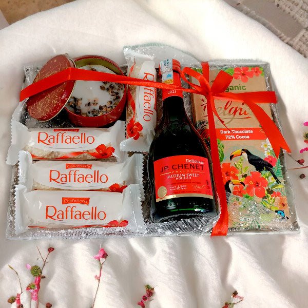 Christmas Red Wine, Raffaello Delights, and Candle Gift On Tray - Flowers to Nepal - FTN