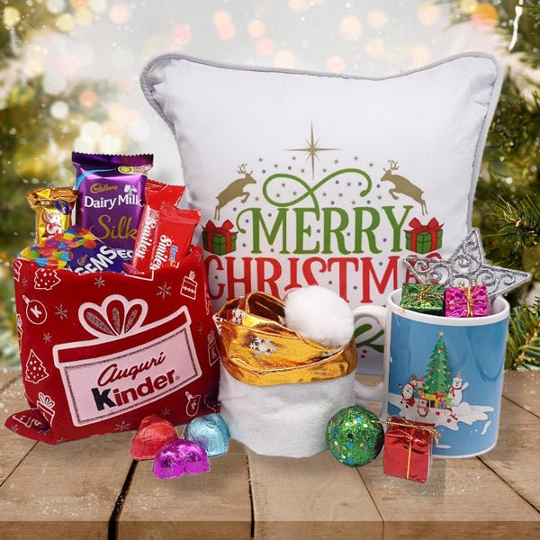 Christmas Special Cushion, Mug, Chocolates in Pouch and Decor - Flowers to Nepal - FTN