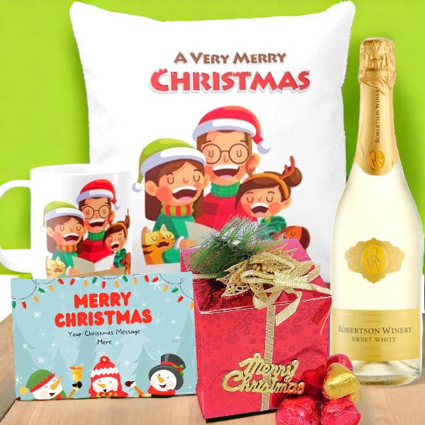 Christmas Themed Cushion, Mug With Sweets and White Wine 750ml Combo - Flowers to Nepal - FTN