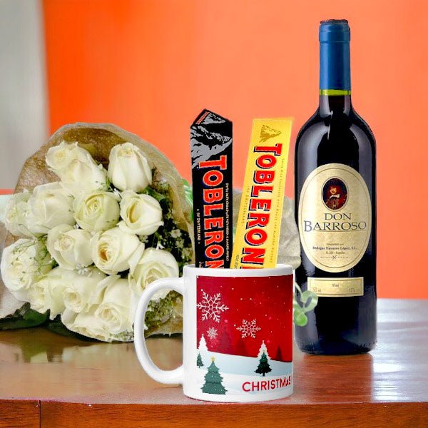 Christmas White Rose Bouquet with Red Wine and Chocolate - Flowers to Nepal - FTN