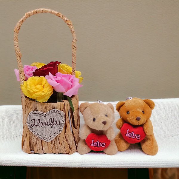 Couple Teddy With Mix Roses In Basket - Flowers to Nepal - FTN