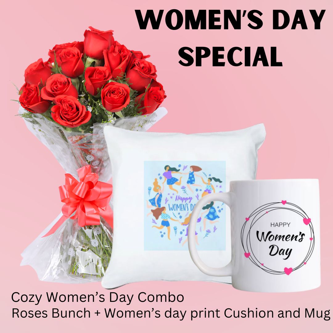 Cozy Women's Day Combo ( Red Roses Bunch + Women's Day Print Cushion and Mug ) - Flowers to Nepal - FTN