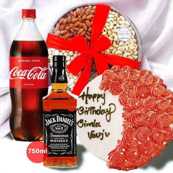 Cream Rose Decorated Pineapple Cake With Whisky, Coke & Dry Nuts - Flowers to Nepal - FTN