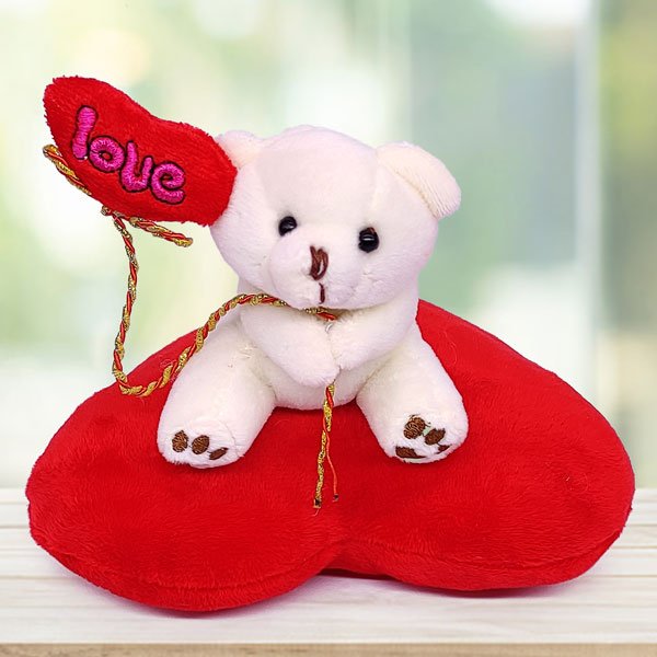 Cream Teddy on Red Heart Pillow - Flowers to Nepal - FTN