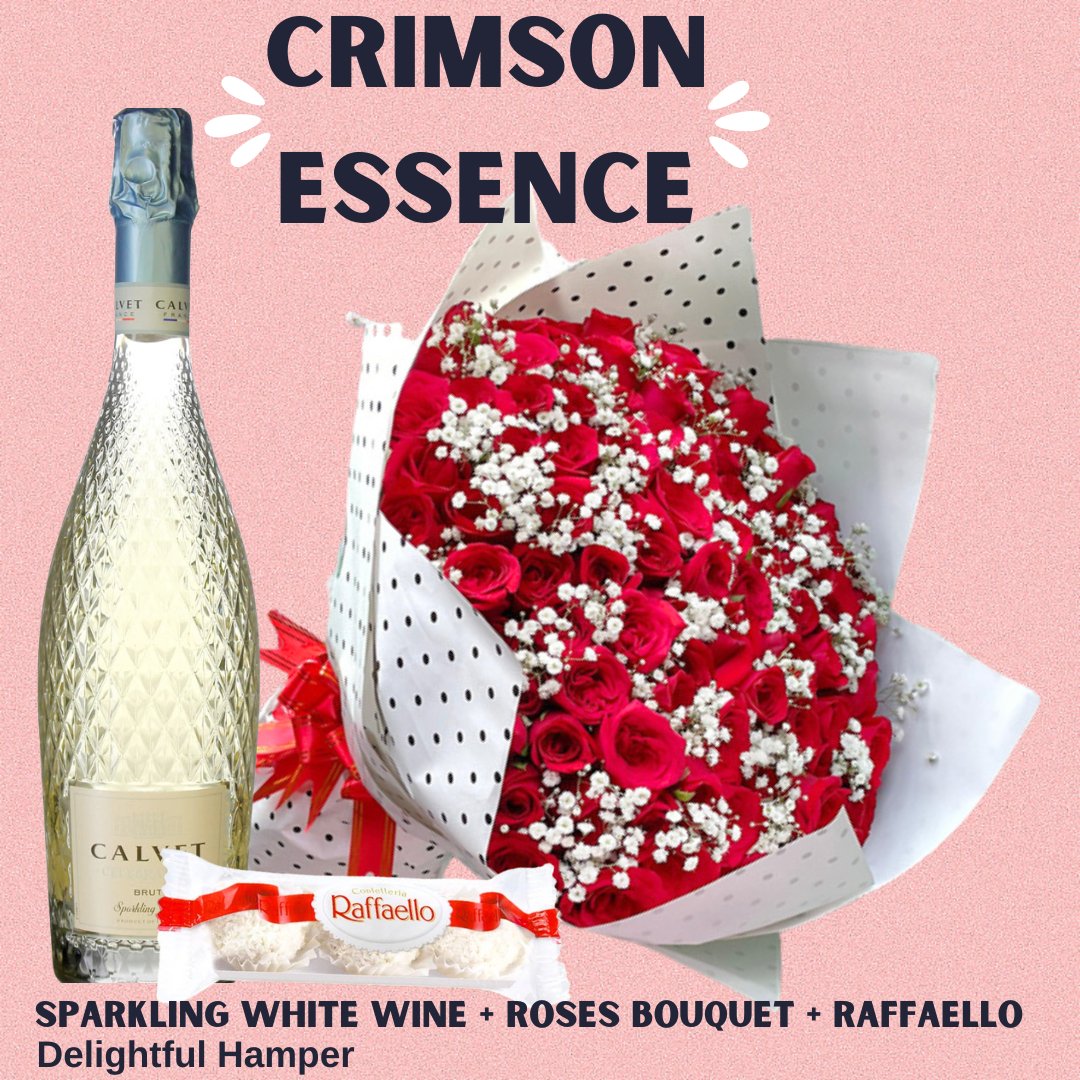 Crimson Essence (Sparkling White Wine + Roses Bouquet + Raffaello Delightful Hamper) - Flowers to Nepal - FTN