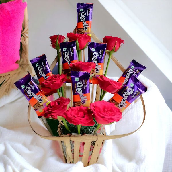 Crispello Chocolates Bouquet With Roses In Basket - Flowers to Nepal - FTN