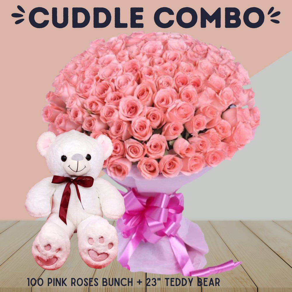 Cuddle Combo ( 100 pink roses bouquet + 23 inches teddy bear ) - Flowers to Nepal - FTN
