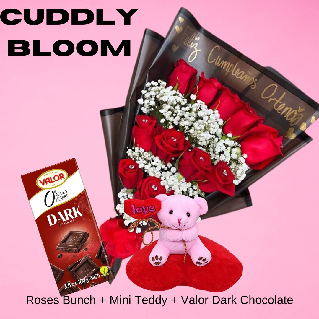 Cuddly Combo ( Roses Bunch, Pink Mini Teddy and Valor Dark Chocolate ) - Flowers to Nepal - FTN