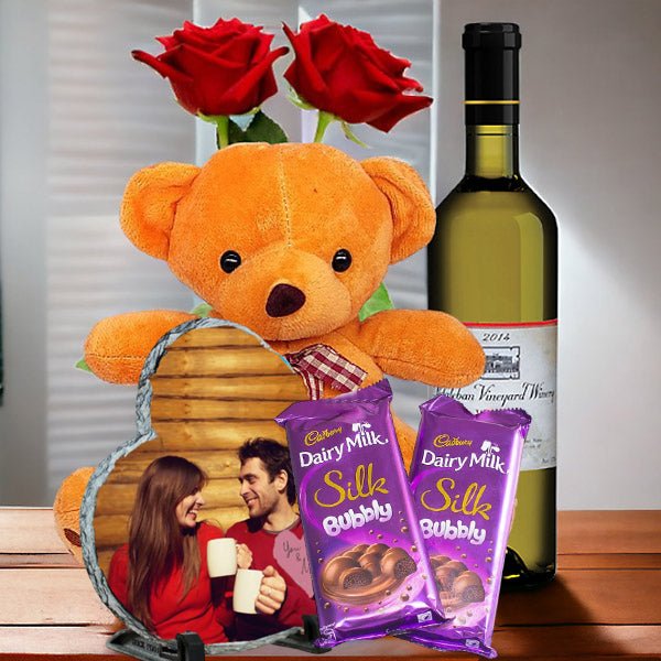 Customised Photo Frame With Teddy, Wine, Roses & Dairy Milk Silk Bubbly - Flowers to Nepal - FTN