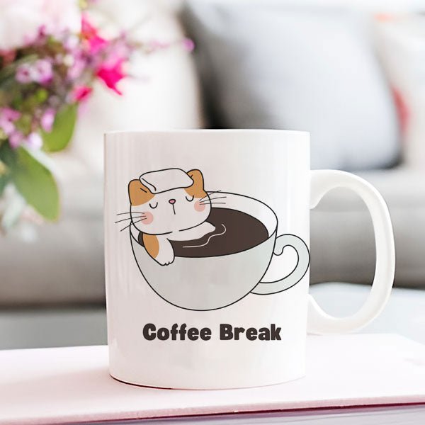 Cute Cat Design Coffee Break Printed Ceramic Personlized Mug - Flowers to Nepal - FTN