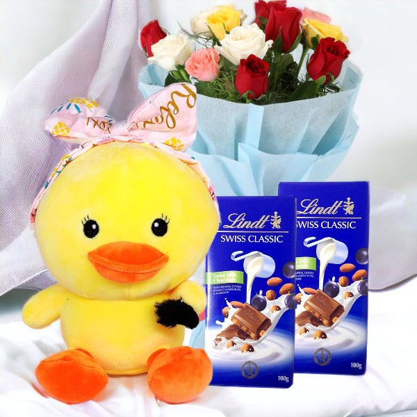 Cute Penguin Stuffed Soft Toy With Chocolates & Roses Bunch - Flowers to Nepal - FTN