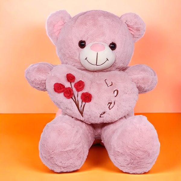 Cute Pink Teddy Bear With Heart Shape Flower Design - Flowers to Nepal - FTN