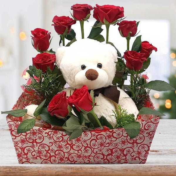 Cute Teddy bear With Red Roses & Green Fillers - Flowers to Nepal - FTN