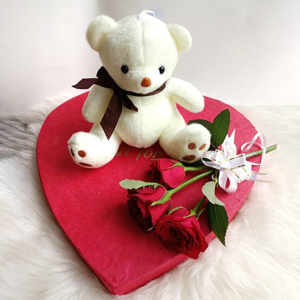 Cute Teddy Bear With Three Roses Gift - Flowers to Nepal - FTN