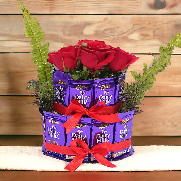 Dairy Milk Chocolates With Red Roses Gift - Flowers to Nepal - FTN