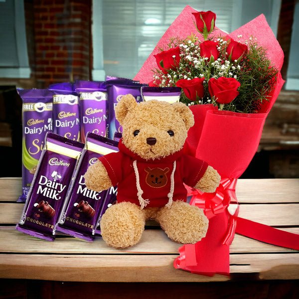 Dairy Milk Collection With Teddy Bear & Roses Bunch - Flowers to Nepal - FTN