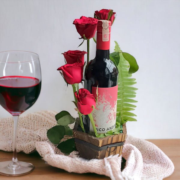 Decorative Gift Wine With Roses Combo In Basket - Flowers to Nepal - FTN