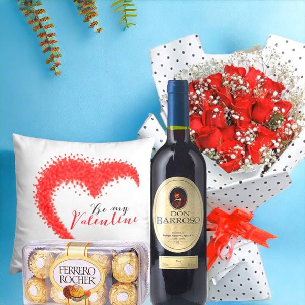 Decorative Pillow, Red Wine, Bouquet of Roses & Rocher Delights - Flowers to Nepal - FTN
