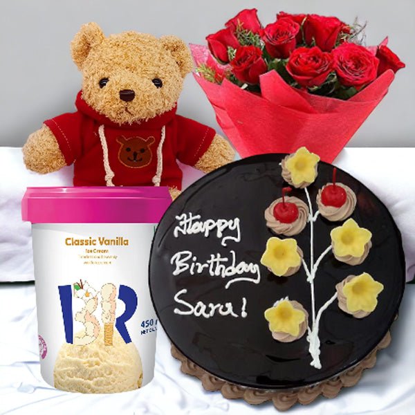 Delicious Cake With Roses Bunch, Teddy & Ice-Cream Hamper - Flowers to Nepal - FTN