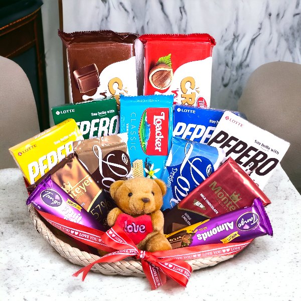 Delicious Chocolate Combo With Teddy In Basket - Flowers to Nepal - FTN