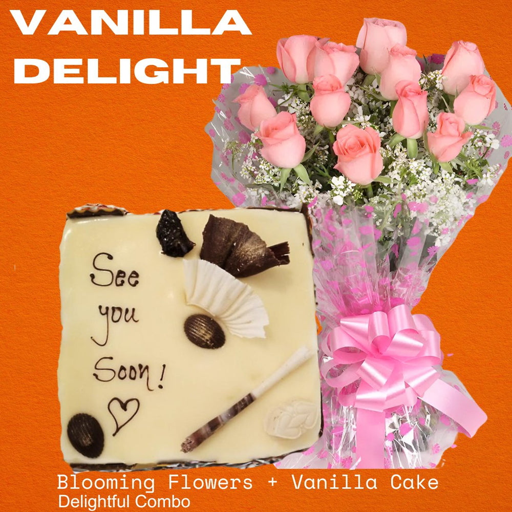 Delightful Combo with Vanilla Cake and Dozen Of Pink Rose Bunch - Flowers to Nepal - FTN