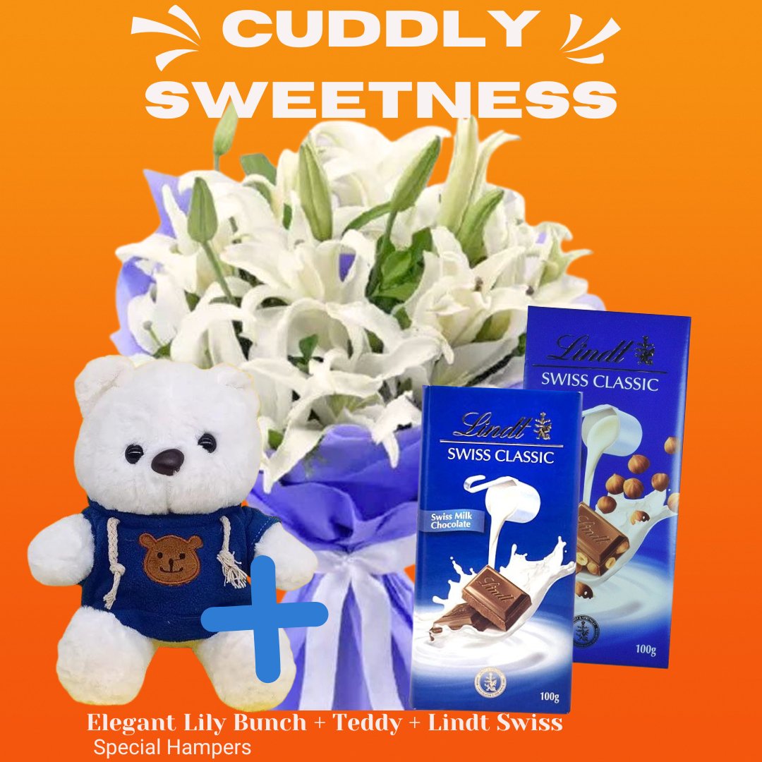 Delightful Hampers ( Elegant Lily Bunch, Teddy and Lindt Special Treats ) - Flowers to Nepal - FTN