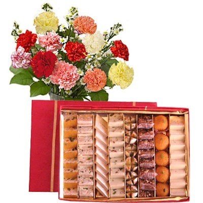 Dozen Mix Fresh Carnations With Assorted Mithai Big Box - Flowers to Nepal - FTN