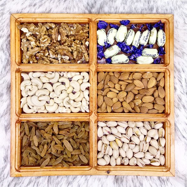 Dry Nuts In A Wooden Compartment Tray With Chocolates - Flowers to Nepal - FTN
