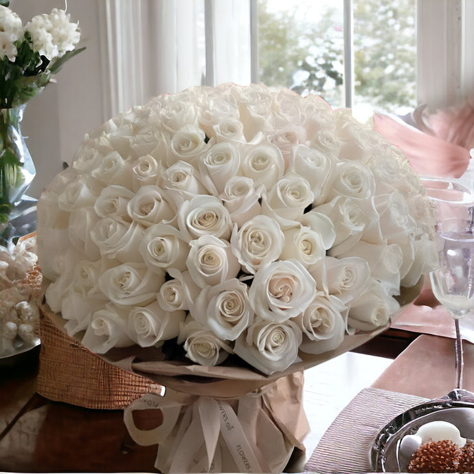 Elegant 100 Long-Stem White Roses Bouquet - Flowers to Nepal - FTN
