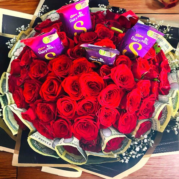 Elegant 50 Roses, Cadbury Chocolates With Cash Combo - Flowers to Nepal - FTN