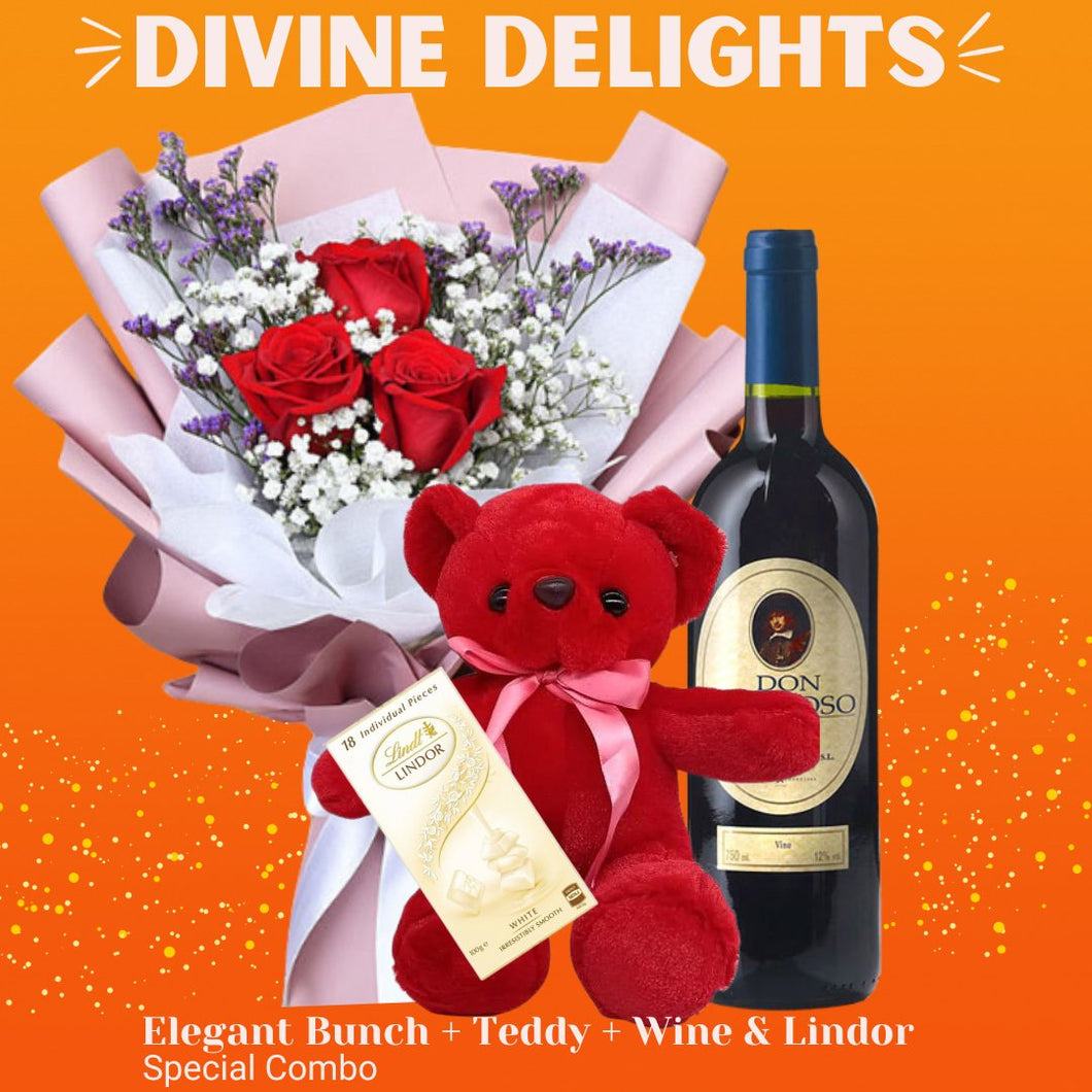 Elegant Flower Bunch Combo With Teddy Bear, Chocolates and Wine 750 Ml - Flowers to Nepal - FTN
