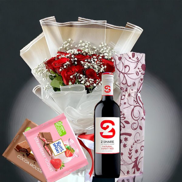 Elegant Rose Bunch, 2-Share Red Wine & Sweet Festive Delights - Flowers to Nepal - FTN