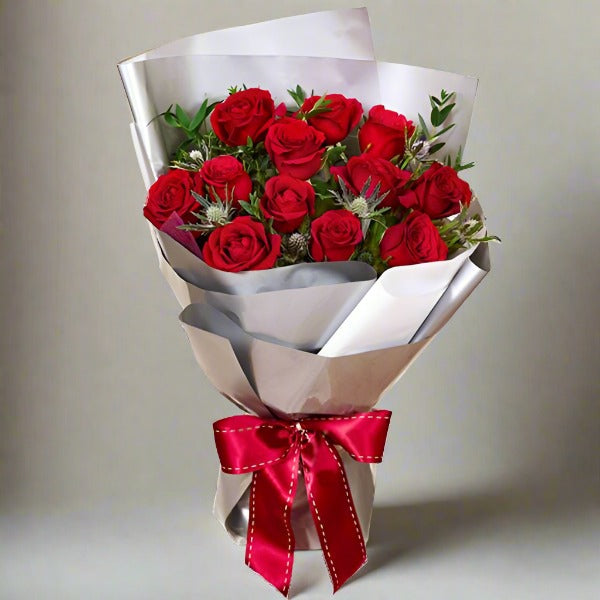 Enchanting 12 Red Roses Bouquet - Flowers to Nepal - FTN