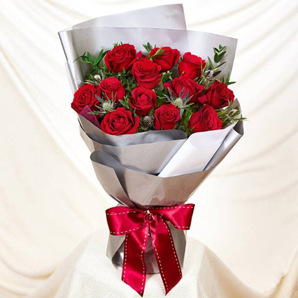 Enchanting 12 Red Roses Bouquet - Flowers to Nepal - FTN