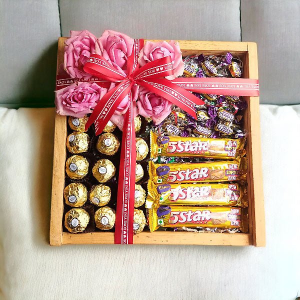 Exquisite Chocolate Assortment Paired with Pink Roses in a Wooden Box - Flowers to Nepal - FTN
