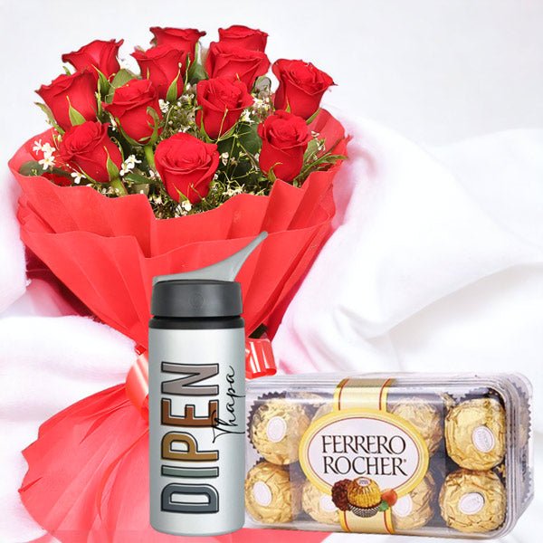 Ferrero Rocher With Red Roses Bouquet & Personalised Bottle - Flowers to Nepal - FTN