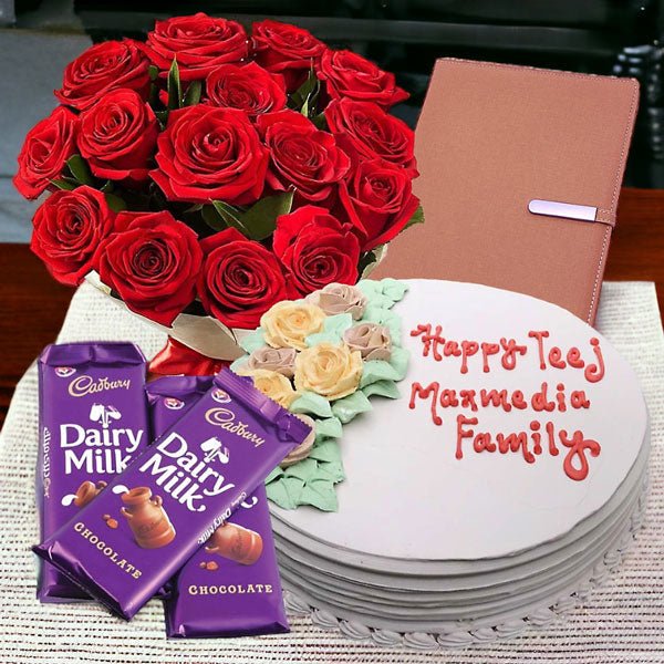 Floral Cake With Roses, Chocolates & Notebook Hamper - Flowers to Nepal - FTN
