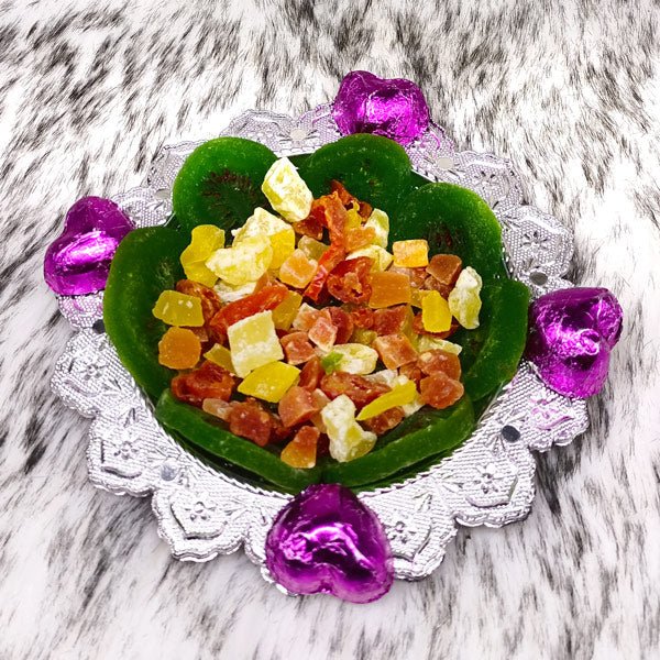 Flower Shaped Silver Tray Full Of Dried Fruits & Chocolates - Flowers to Nepal - FTN