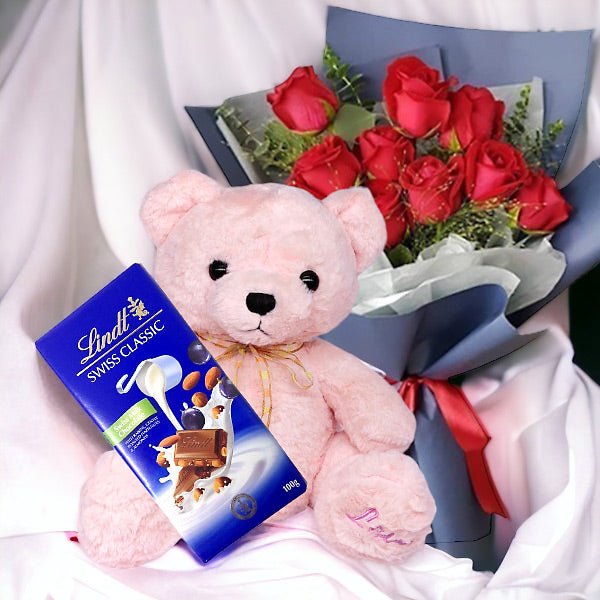 Fluffy Pink Teddy With Roses Bunch & Chocolate Hamper - Flowers to Nepal - FTN