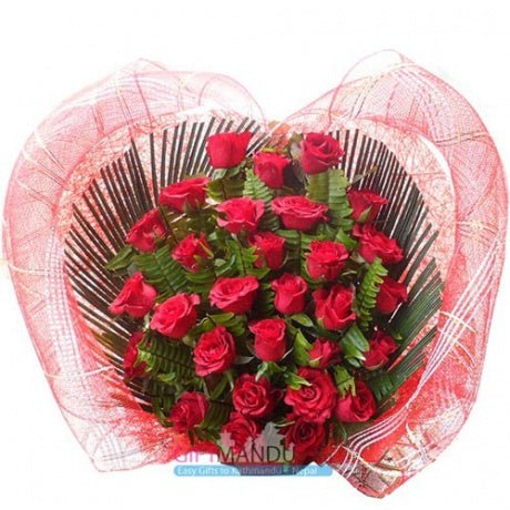 Fresh 30 Red Roses Arranged on Heart Bamboo Basket - Flowers to Nepal - FTN
