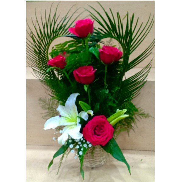 Fresh Lily With Red Rose Decorated In Basket - Flowers to Nepal - FTN