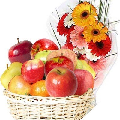 Fruit Basket & Dozen Gerbera Bright Bouquet - Flowers to Nepal - FTN