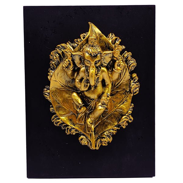 Gold-Plated Lord Ganesh Wall Hanging Décor on Leaf - Flowers to Nepal - FTN