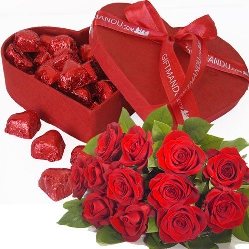 Gourmet Red Heart Chocolate Box And Dozen Red Roses - Flowers to Nepal - FTN