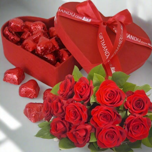 Gourmet Red Heart Chocolate Box And Dozen Red Roses - Flowers to Nepal - FTN