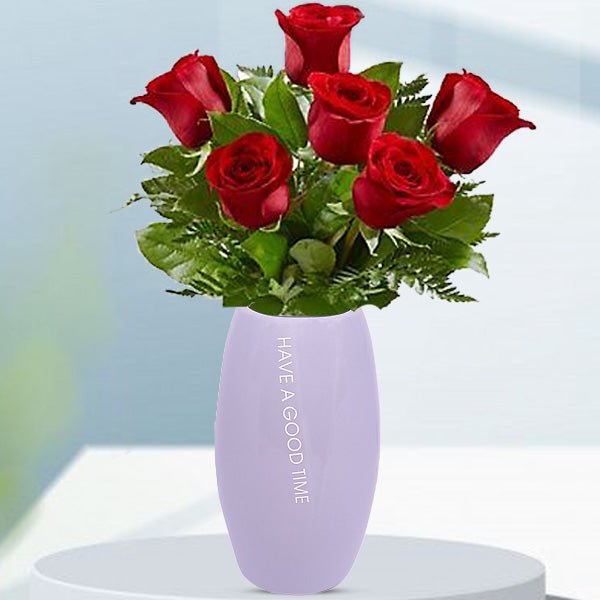 'Have A Good Time' Printed Ceramic Vase With Red Roses - Flowers to Nepal - FTN